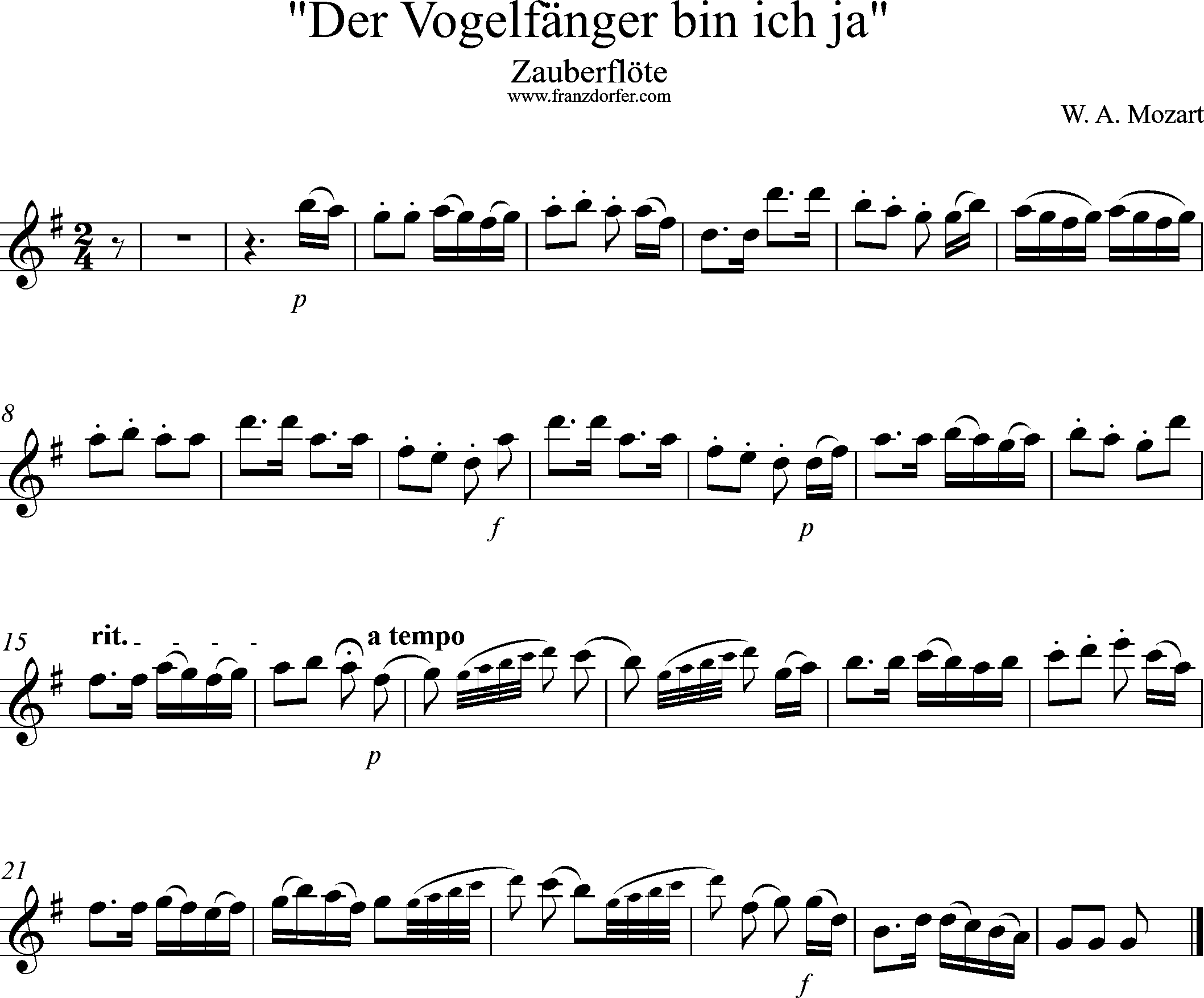 Uauberflöte, Vogelfängerlied, Solostimme, G-Dur